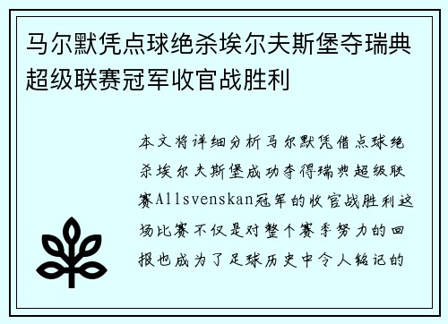 马尔默凭点球绝杀埃尔夫斯堡夺瑞典超级联赛冠军收官战胜利 马尔默凭点球绝杀埃尔夫斯堡夺瑞典超级联赛冠军收官战胜利